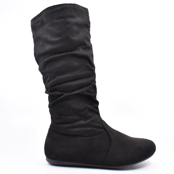 Black Faux Suede Flat Wrinkle Slouch Round Boots - Picture 2 of 5